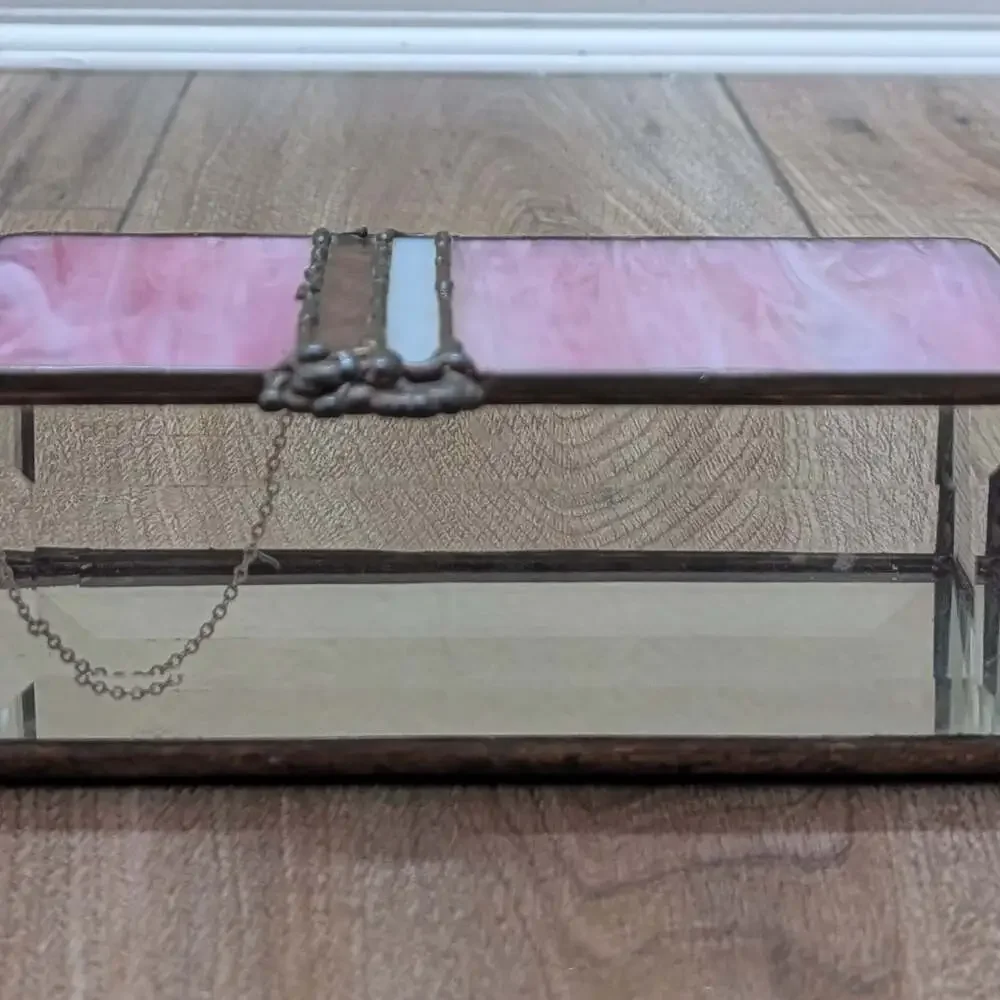 Vintage Stained Glass Jewelry Box with Pink Swirl Art Glass Lid and Mirrored Bot